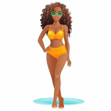 Create a realistic clip art of an African American woman in her mid-twenties with long wavy brown hair, dressed in a two-piece bikini with a bright-colored top and a complementing shade for the bottom. She should be wearing high heels that add height to her curvy figure and have hips that are prominently displayed with a gentle curve to them. Her skin tone should be medium to dark and have a confident and attractive demeanor.
