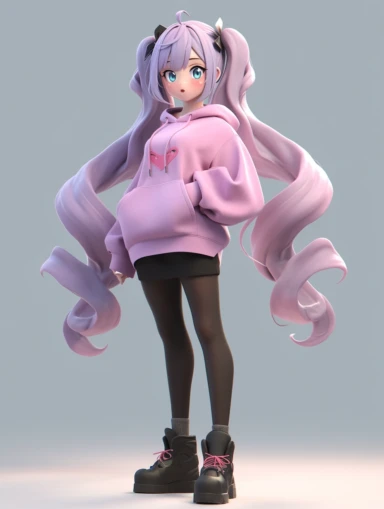 3d anime style, 3d, 3d model, 3d anime model, anime girl, long purple ponytails with blue highlights, dark pink eyes, blushing, oversized grey hoodie, hair clips, thigh highs, stockings, pearl necklace, purple hair, dark pink eyes, pink eyes, shorts, pastel, cute, small, chibi, chibi girl