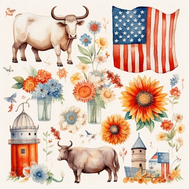 watercolour graphics collection including 4th of July cliparts: USA flag, cow in a USA flag bandana, hippy bus, American map in the American flag colours, cowboy boots with American flag colours, sunflower bouquet with the American flag, white background, in the style of emily balivet, soft, blended colors, contrasting colors, kawaii manga, floral explosion, vector, cartoon animated