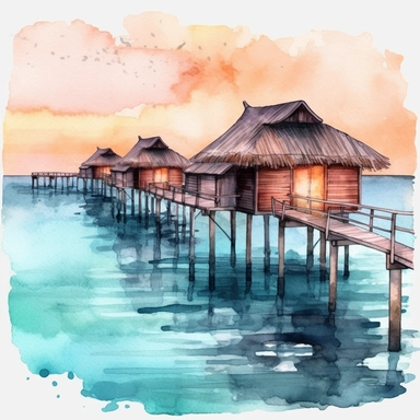 overwater bungalows, turquoise ocean, dock, sunset, watercolor clipart, bright colors, minimalist, isolated white background, 8k