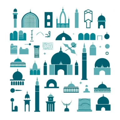 islamic multiple symbols and things like mosque, book, dome, and many, clean cut, for clipart, simple
