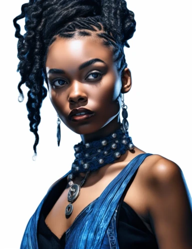 hasselblad 24 mm three quarters shot of a gorgeous african american woman with blue eyes, clipart, Composition: Relaxed position with intricate high hairstyle, smiling, detailed natural skin, Style: Nu-Goth, white background, hyperrealism, 32k