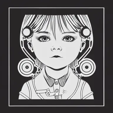simple drawing, 1 , 1bit, 1 white steampunk little girl, 1 sticker art, 1 color by numbers, 1 coloring page for adults, 1 , printable outlined artwork, 1 coloring book page, 1, line art, 1 white backdrop, crisp lines, vector image, svg style, clipart style,