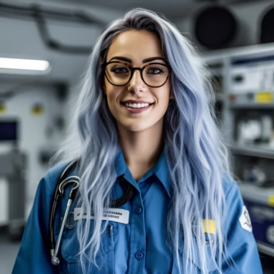 young mid twenty woman, blue coloured long hair, black framed glasses, in a bright blue Medical Department workshirt, an ambulance patch on the side of the shirt, black Trousers, a Radio device clipped on the shoulders, Fresh smile, portrait, 50mm, f1.8, Beatuy Retouche, beautiful, standing in front of an AMS truck, in the Backround you can see an American Hospital