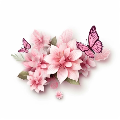 3D exceptionally beautiful pink flowers and butterflies in 3D, clipart, white background