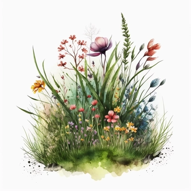 Meadow flowers growing from green grass, clipart style, watercolor technique, super high quality, professional watercolor clipart, high resolution, isolated white background, 8k