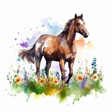 detailed watercolor clipart, photography style, beautiful horse, in a meadow, full body, spring floral,self shadow, white background