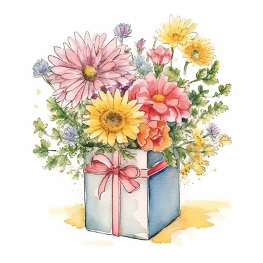 Create a heartwarming hand-drawn watercolor clip art image of a family gift niche adorned with birth flowers representing a family of four. Customize the image by selecting birth flowers for each family member: a January baby (Carnation), an April baby (Daisy), a September baby (Aster), and a November baby (Chrysanthemum). Add a personalized touch by including the family's names or initials within the niche, making it a cherished memento for generations to come.