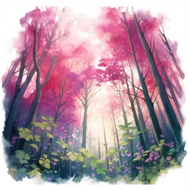 Mesmerizing watercolor illustration of pink flowers blooming in a mystical forest, portrayed from a top-down angle, with the dappled sunlight filtering through the trees, adding a touch of magic and enchantment to the composition, clipart on a clean white background.