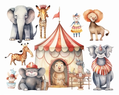 a watercolor clipart set of circus animals and their attendants, in the style of narrative paneling, sketchfab, oshare kei, tondo