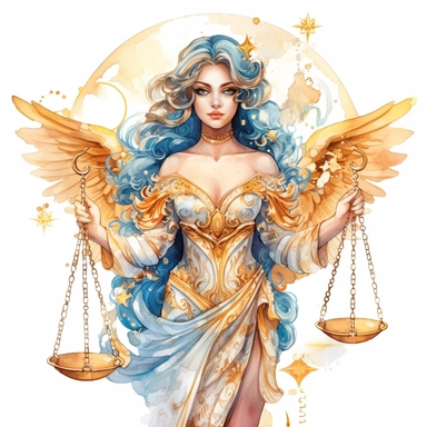 Libra zodiac sign as fantasy portrait of beautiful angel goddess holding golden libra in one hand, golden armor, Watercolor Libra Zodiac Sign Clipart, 8k, detailed white background, uplighted