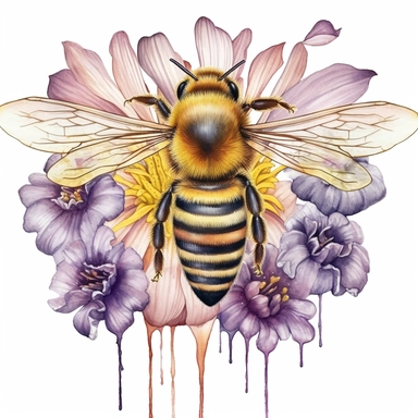 Honey Bee Clipart, spring garden bee and honey drips and flowers, watercolor