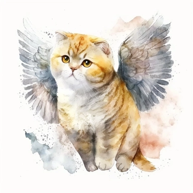 cute Scottish Fold cat with angel wings watercolor clipart on white background