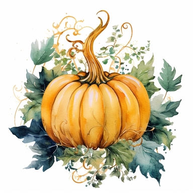 Watercolor pastel boho pumpkin with gold ornate watercolor sitting on pumpkin leaves white background. clipart