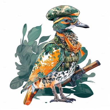 Boho style illustration, clipart, sublimation drawing Mandarin space ducks in military uniform and with weapons. Bright colorful colors on a white background, high quality 8k, quality detail