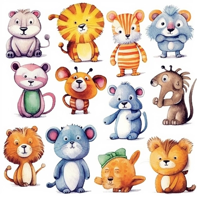 Create a clip art whimsical atmosphere in your children's book illustrations by drawing cute animals with a watercolor effect and playful patterns on a vibrant background. Add imaginative creatures and fantastical elements to the pages to bring your whimsical world to life and captivate young readers of all ages, isolated in white background.