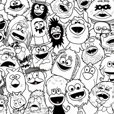 a set of black line clipart inspired by fast food and vampires and muppets and Funko Pop toys