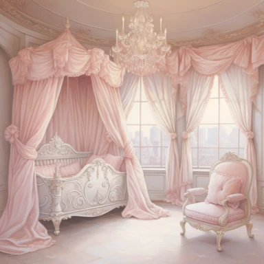 panoramic view, full view, beautiful elegant royal baby girl nursery room drawing painting, frilly, romantic, fantasy, ethereal, light pink and white colors, beautiful crib with beautiful full flowing canopy, beautiful bling crystal chandelier, soft pink teddy bear, beautiful large Victorian style window with beautiful pink flowing drapes, faux fur rug, sharp focus, high detail, 8k, illustration clipart style, transparent background