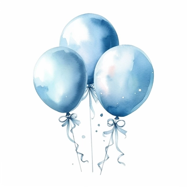 3 baby blue color balloons with string in watercolor style, high quality sharp clipart on a white bsckground