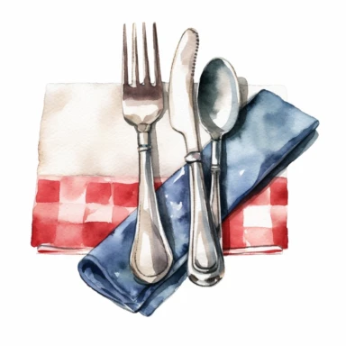 Napkin and silverware watercolor clipart, white background, neutral muted colors, high quality, hyperrealistic, detailed, vintage, color palette red, blue, white, picnic