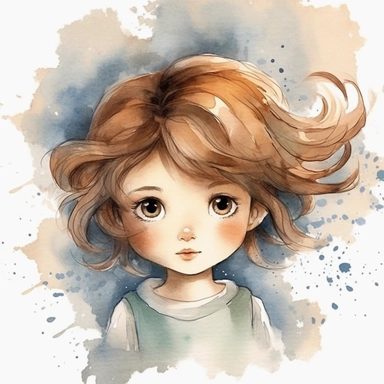 watercolour clipart of a girl, with crazy brown hair, blue-gray eyes, the sweet and scatterbrained dreamer, with a great sense of humor. She immerses herself in the world of digital design, creating exquisite papers for scrapbook albums. Though she may often forget things, her delicate touch and gentle nature shine through her artistry, make her smiling, exalted mood, white background, 8k, f1