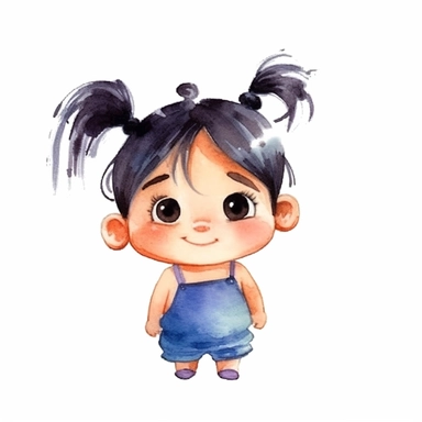 Pixar style illustration, watercolor drawing, clipart, chubby baby, girl, funny pigtails