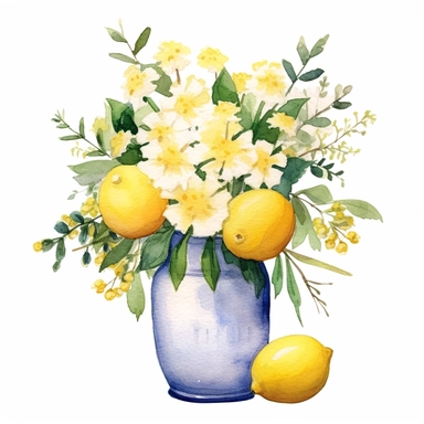 Commercial shot of realistic watercolor painting of a really cute cottagecore lemon themed flower vase clipart, aesthetic, good looking food, delicious, yummy, foodie, healthy, white background no text, isolated on white, watercolor illustration, award winning, strong and sharp lines