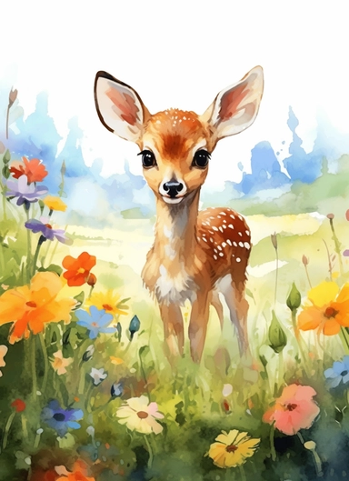 baby deer on a flower field, in the style of 2d game art, nostalgic paintings, 32k uhd, colorful dreamy watercolor scenes, adventure pulp, classical, historical genre scenes, rough-edged 2d animation, watercolor clipart, white background