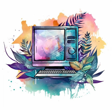 studio logo of a computer's screen clipart , futuristic boho style, in style of Watercolor and ink outline