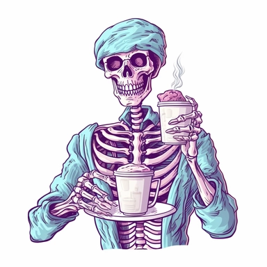 Skeleton barista handing out a cup of coffee, cartoon cutout style by Lucy Fleming, watercolor, smooth gradients, black contour outline, ultra detailed, clipart elements, delicate pastel colors, solid white background, super clear, high quality
