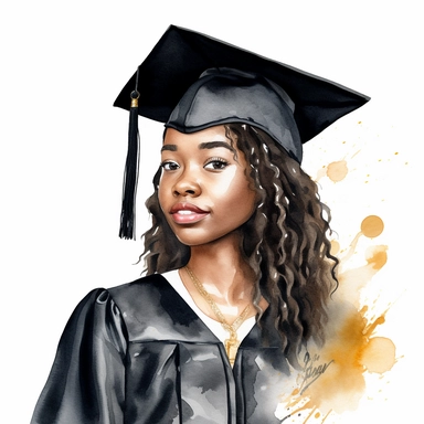 watercolor black female student graduation clipart on a white background