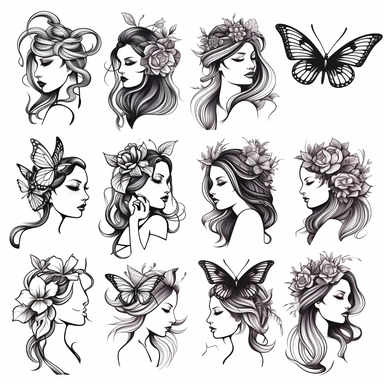 Clipart of summer fairy butterflies and flowers, in the style of watercolour, clean outline, individual, magical, enchanted,