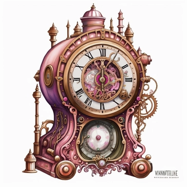 Steampunk clock image, steampunk, intense colors, luxurious, victorian, clipart, watercolour, light pink, white background, detailed