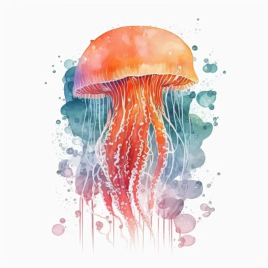 red orange watercolor style jellyfish in ocean clipart, white background, no text, for childrens reading book