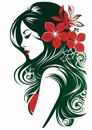 hawaiian woman with hibiscus flower clipart on white background, in the style of dark red and dark green, sterling silver highlights, eye-catching, salon kei, flowing lines, batik, stencils