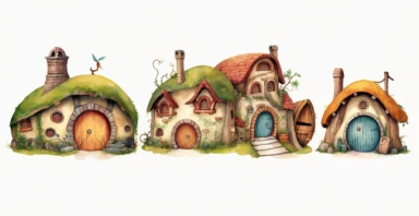 Adorable hobbit houses, clipart, vivid colours, ornamental watercolor, white background, I can’t believe how beautiful this is