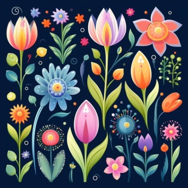 Colorful Flower Clipart in the style of amanda clark - flowers, leaves, buds, Spring flowers clip art