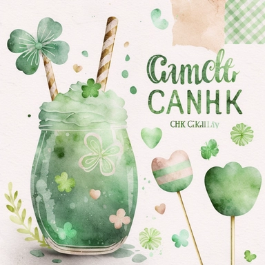 a st. Patrick candy clipart, on paper texture background, simple, cute green colors, boho, baby shower, 8K, high resolution, boho style, watercolor, by chonnieartwork style