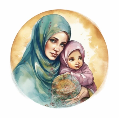 A portrait of a Muslim mother with her hijab carrying her child in her arms in a religious muslim medallion, watercolor clipart, very realistic, high details, high quality