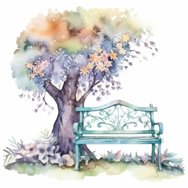 clipart, isolated on white background, Watercolor Spring beautiful ornated metal bench under the tree, flowers and grass and plants, ornated, pastel colors