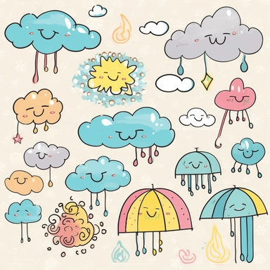 cute Weather Clipart - you could create clipart of different weather conditions like sun, rain, clouds, snowflakes, lightning, and more. You could draw them in a cute and whimsical style, with bright colors and lots of details.