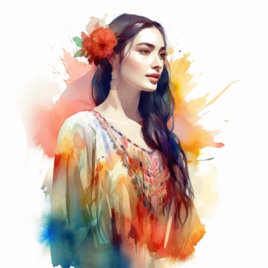Romantic realistic watercolor of a beautiful young woman with long dark hair, dressed for Dia de Los Muertes celebration, wearing mexican traditional dress, spiritual,translucent, multi-layered, delicate, very bright colors, fashion photography, watercolor clipart--no watermarks, no text