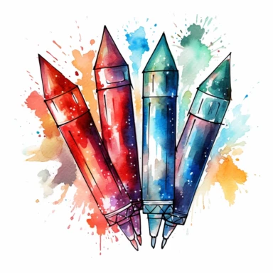 Firework Rockets: Create clipart of firework rockets launching into the sky, leaving behind trails of sparks and smoke. Add details like fuses and vibrant colors to depict the excitement and anticipation of a fireworks display. patriotic pattern, stars and stripes, red white and blue, delicate detail, watercolor, in the style of artgerm, 2d game art, quadratura, clipart, on white background,