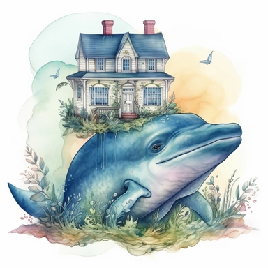 a cute Fairy Whale with House watercolor Clipart sublimation clipart graphic, full body, clipart, sticker, a single picture, cartoon style, highly detailed, 8k, one image in the frame--no text in the picture--