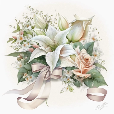 clipart aquarelle, detailed ans realistic, white background. beautiful flower tribute in white color, white theme, Bouquet for funeral, loss, sorry, with additions like sash ribbon
