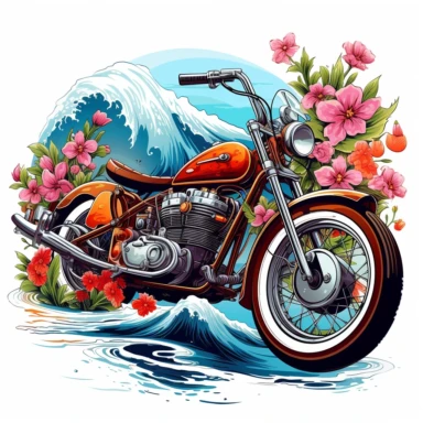 A classic motorcycle from the 60s or 70s, with distinctive stylistic elements of that era in digital painting style , beautiful flowers, sunrise mountains and clouds , big sea waves, water splashes, white background, colorful fantasy flower sorround, highly detailed clean, vector image, photorealistic masterpiece, professional photography, realistic, flat white background, isometric, vibrant vector, clipart, illustration, realism, 4k, , cinematic, front view, white background, t-shirt design