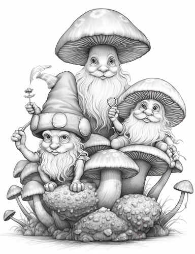 light gray and bubbles, two humanoid gnomes are sitting on a huge mushroom, highly detailed clipart, hdr, 32K, photo expert quality, greatest for coloring realistic, hyperrealistic and highly detailed, coloring book pages, isolated on a white background