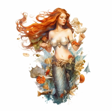 beautiful rich Russian style sea mermaid with long hair full body with fish tale, sea stars, sea shells, portrait, super high quality, high resolution, oil painting clipart, natural colors, isolated white background, 8k