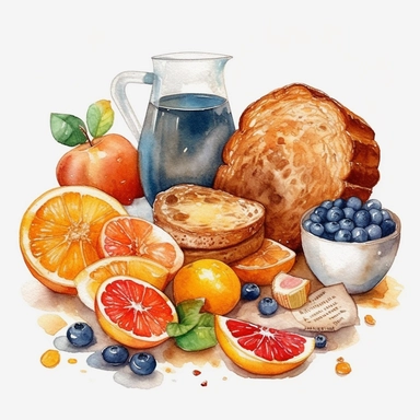 watercolor clipart of breakfast food, oatmeal, fruits, orange juice, bread with meat, white background, beautiful details 8k