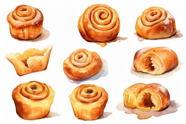watercolor Cinnamon roll clipart, hd, white background, spaced out